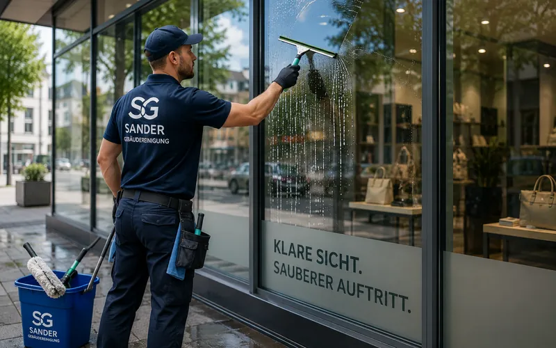 Fensterreinigung in Minden – Schaufenster wird mit Abzieher gereinigt