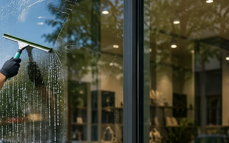 Glasreinigung in Minden – Abzieher gleitet über eine Glasfläche